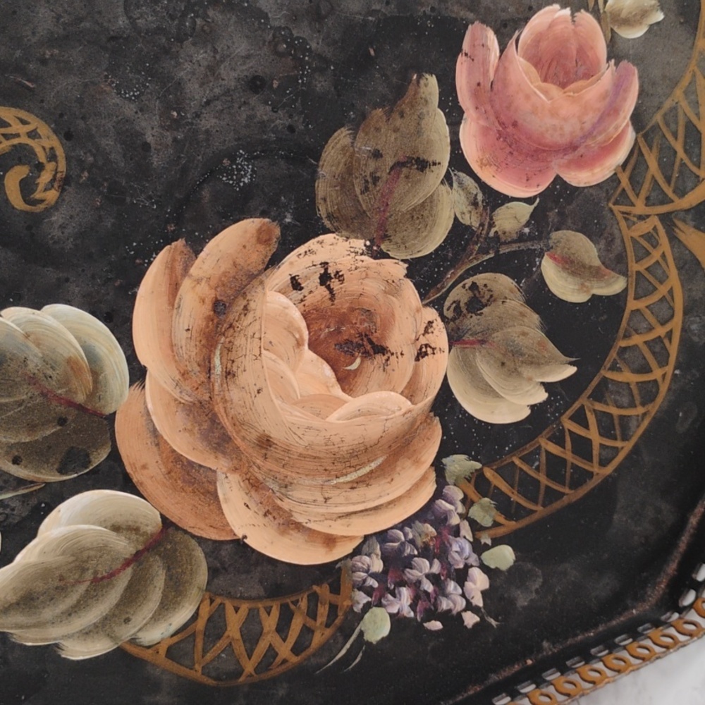 Vintage Hand-Painted Floral Tole Tray by Mariam Walker – 21" Black & Gold Metal - Picture 3 of 12